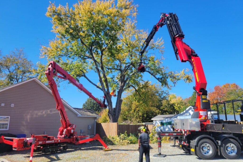 Remote-controlled crane with grapple saw removing large oak tree sections in Winston-Salem neighborhood with operator controlling from safe distance