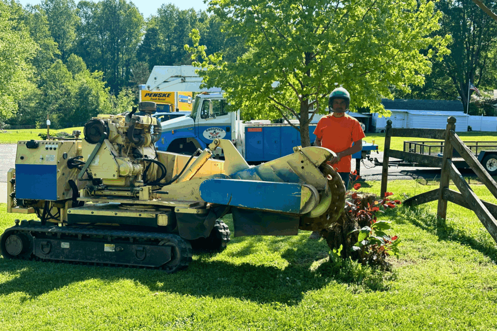A Godspeed Tree Service professional wearing proper safety gear stands to the side while operating a stump grinder over a tree stump in a Winston-Salem yard.