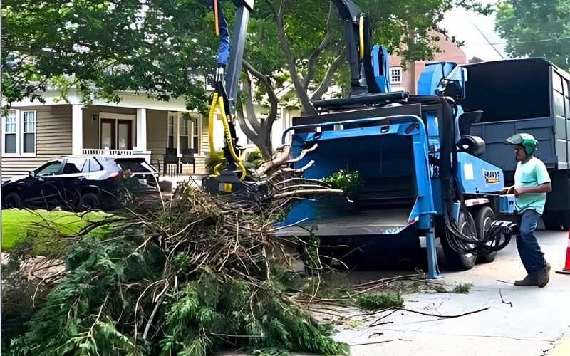 Godspeed grapple truck loading storm debris and fallen branches during residential cleanup service in Winston-Salem.