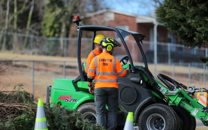 Two workers from Godspeed Tree Service wearing orange safety gear assess storm cleanup using an Avant loader in Winston-Salem