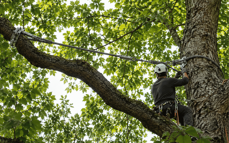 Cabling, bracing, and targeted pruning can allow some trees with structural problems to remain safely in place. Arborist installing steel support cables between major limbs of a mature tree.