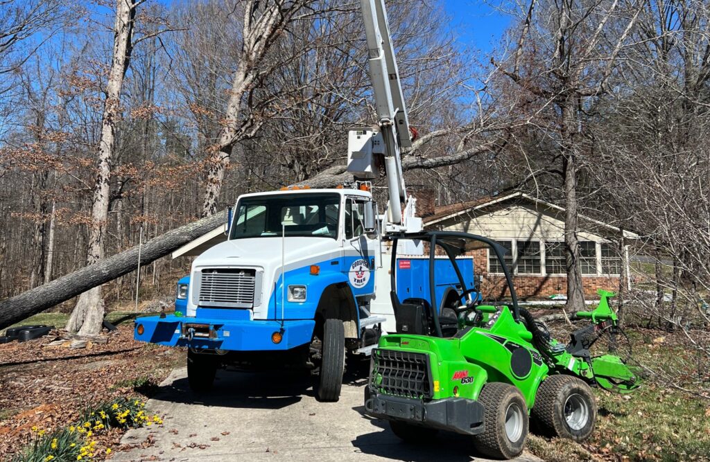 Godspeed's professional tree service bucket truck and green stump grinder positioned at a residential property during emergency tree removal cleanup in Winston-Salem.