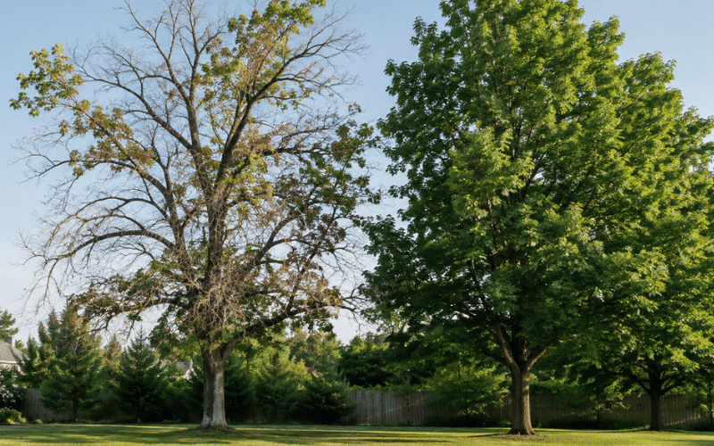 Look at the whole canopy, not just one branch, since decline that keeps spreading from season to season is the bigger concern. Mature tree with a thin, patchy canopy and large bare dead sections next to a healthy tree.
